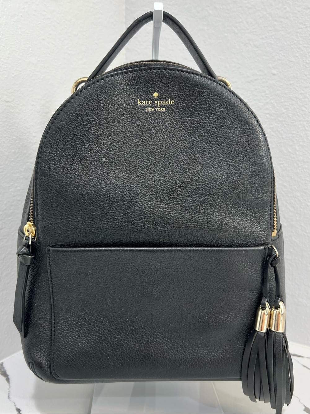 Kate Spade Chester Street Black Pebled Leather Mini Backpack Tassel Gold